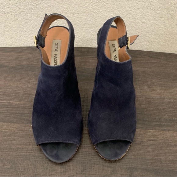 Steve Madden Claara navy blue suede leather block wood heel 8.5 - Picture 10 of 11